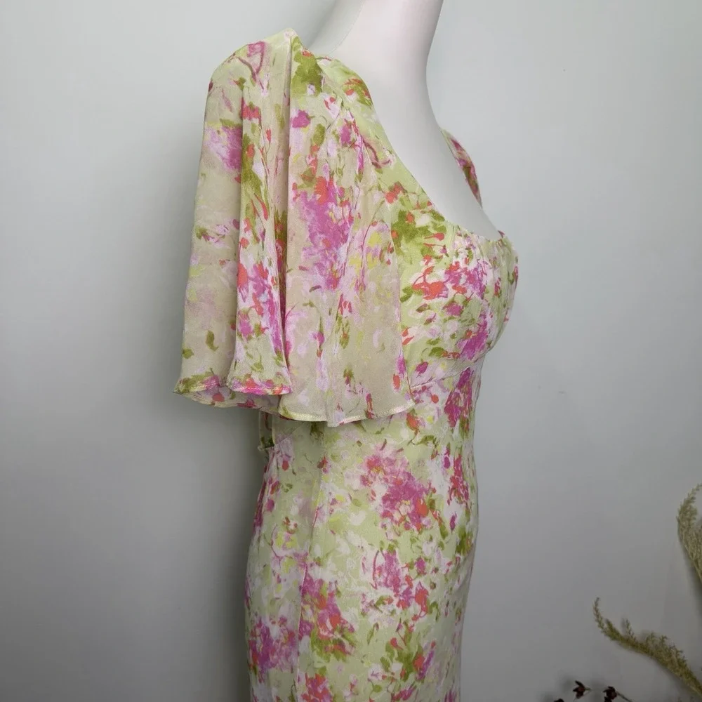 ASTR Tie Back Flutter Sleeve Open Back Cut Out Maxi Dress in Lime Pink Floral L - Picture 4 of 9